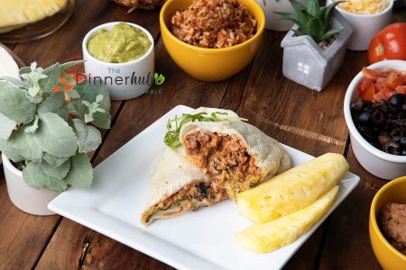 Vegetarian 7 Layer Dip Burrito w Pineapple Wedges